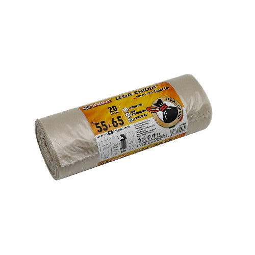 20 PZ SACCHI SPAZZATURA LEGA E CHIUDI C/LACCIO SPESSORE 18 MY Misura: Trasparente cm 55 x 65