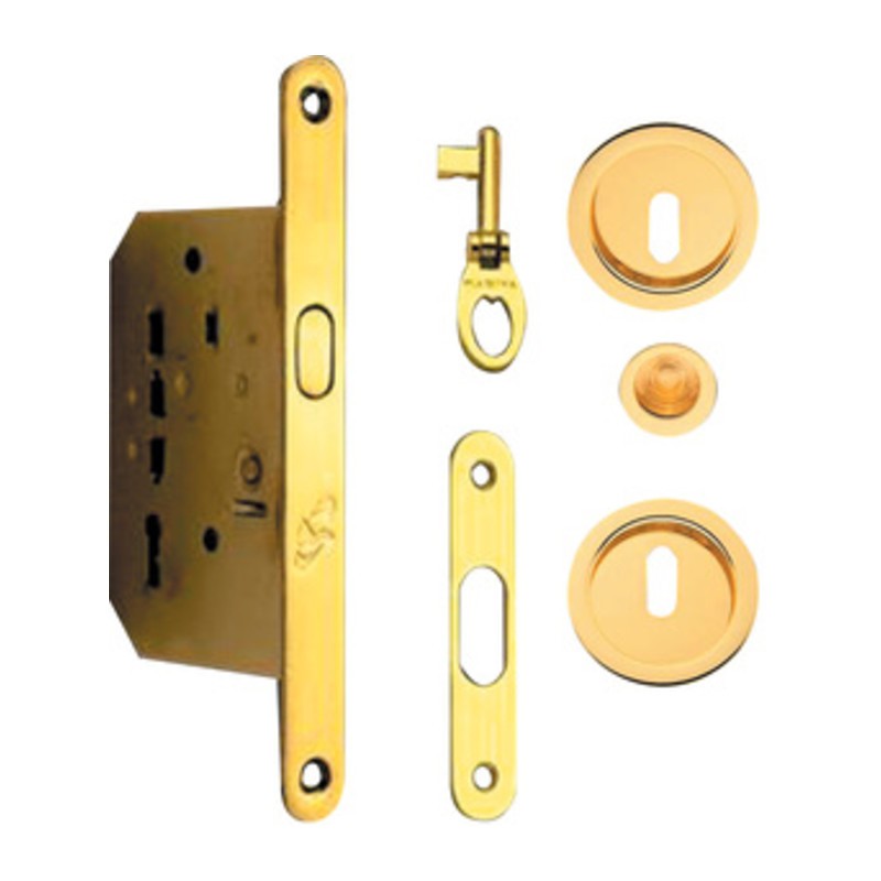 KIT MANIGLIE TONDO PORTA SCORR C/CHIAVE ORO