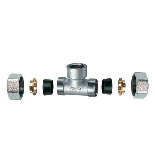 RACCORDO CROMATO A "T" CON 2 MONOCONI IN GOMMA PER RAME Misura: 3/4" x 22