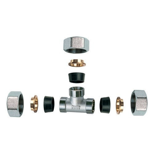RACCORDO CROMATO A "T" CON 3 MONOCONI IN GOMMA PER RAME Misura: 1/2" x 18