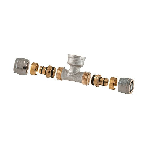 RACCORDO TEE FEMMINA A COMPRESSIONE PER MULTISTRATO 2PZ ASSEMBLATO Misura: 1"-26 x 1" x 1"-26