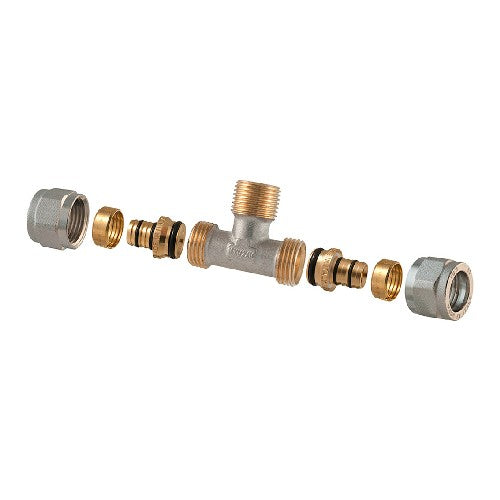 RACCORDO TEE MASCHIO A COMPRESSIONE PER MULTISTRATO 2PZ ASSEMBLATO Misura: 1/2-20 x 1/2 x 1/2-20
